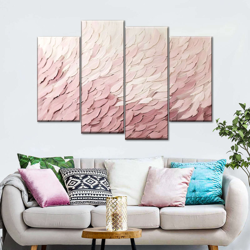 «Abstract Abstract Abstract Pink Leaves», ensemble de 4 pièces sur toile par Daniel P, H 42 po x l 68 po x P 1,25 po
