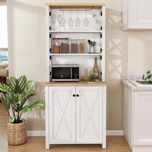 Alianna 67.32"H 6-Tiers Wood Farmhouse Kitchen Pantry with Door & Wine Glasses Hanging Rack