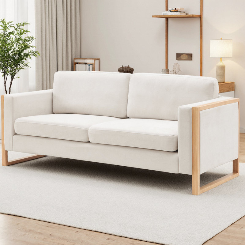 79" Modern 2-Seater Sofa with Solid Wood Legs, Fabric Upholstery Couch with Foam Cushions and Center Support, Clean Line Design for Living Rooms, Bedrooms