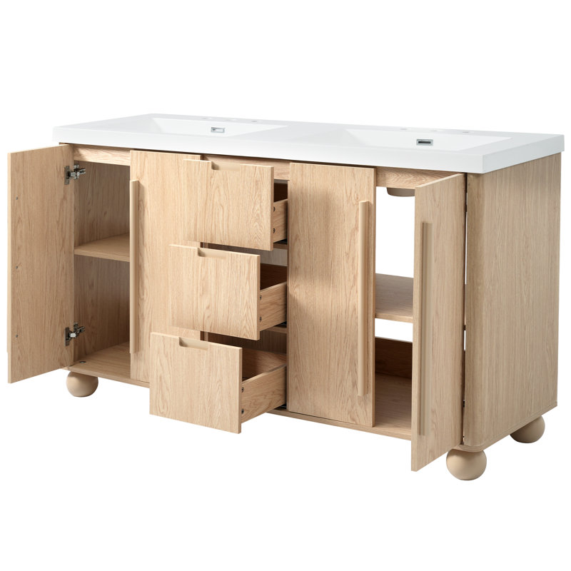 Ensemble de meuble-lavabo à double cuve moderne naturel 59,1 po avec lavabos en résine Ovia, rangement à fermeture en douceur, tablettes réglables, conception à dossier ouvert