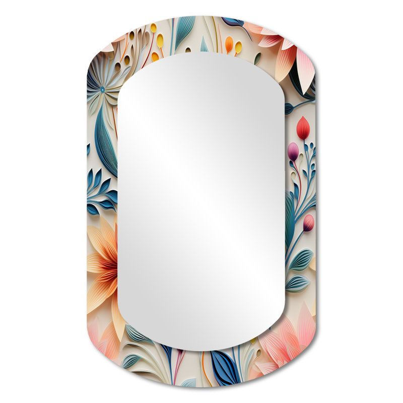 Composition de fleurs de couleur pastel Preciado - miroir mural décoratif asymétrique botanique, grand miroir cylindrique rose, impression d'art en métal