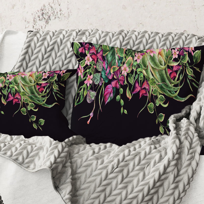 Square,Floral Tropical Leaves Om Black - Farmhouse Printed Throw Pillow, 16" x 16"