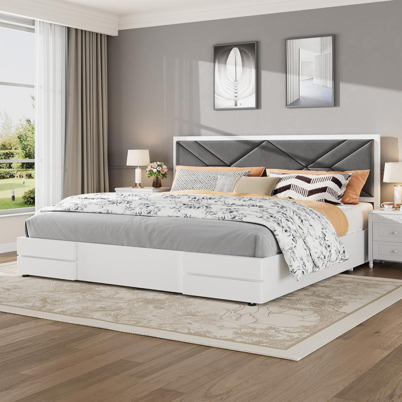 King Modern White Soft Upholstered Platform Bed Frame with Headboard No Box Seasonal Needed Bedroom Furniture, King
