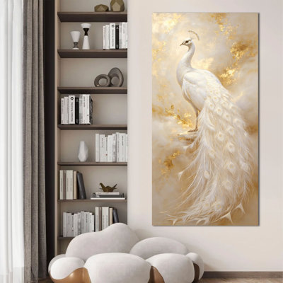 Art mural rétro sur toile paon vertical - reproduction d'art élégante avec arbre à fleurs et plumes, peinture pour salon, chambre à coucher, entrée, toile tendue avec cadre en pin, 16 po x 32 po