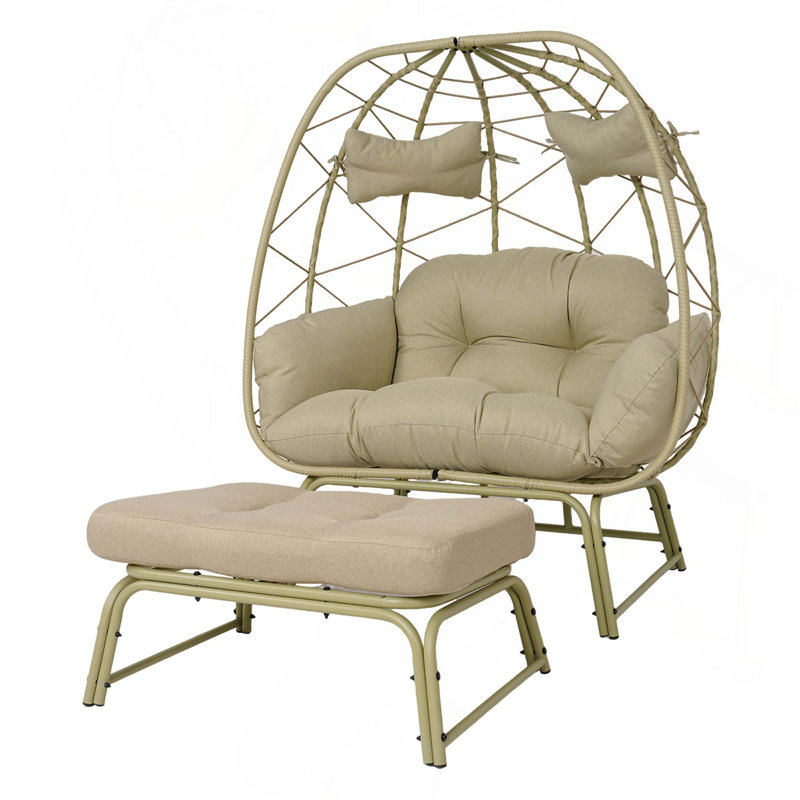 Méridienne à double siège en osier avec repose-pieds et coussin pour balcon, jardin et cour, Cyan, Cyan