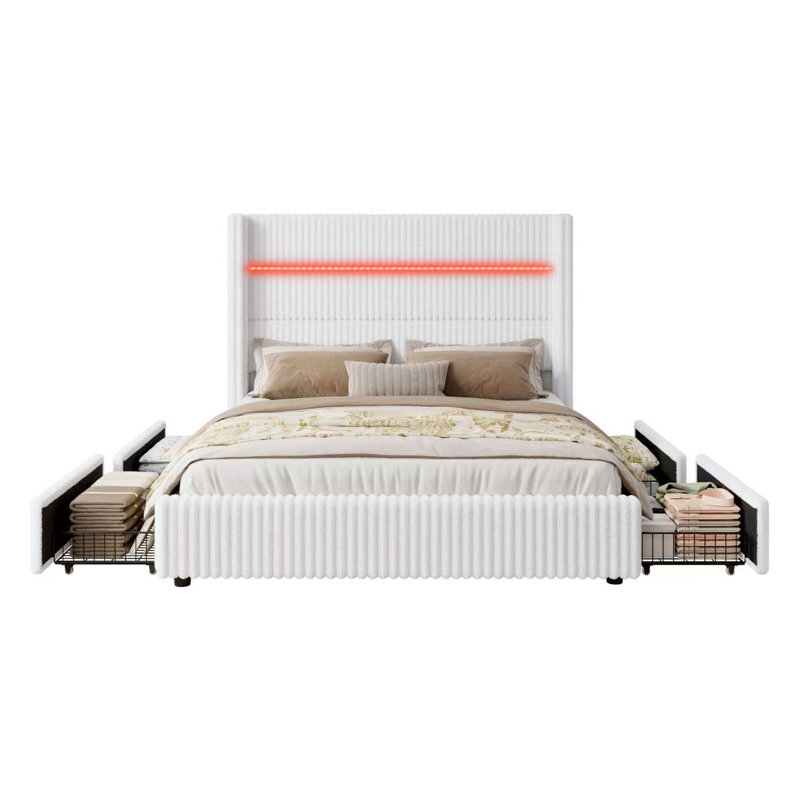 Upholstered Platform Bed with Storage Drawers and Charging Station, Wood Slat Support Bed Frame, White, King