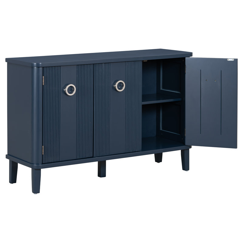 Rustic Acacia Wood Storage Cabinet with Three Solid Doors, Navy