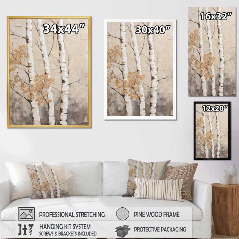 Beige minimalisme arbre bouleau III sur toile, H 44 po x l 34 po x P 1,5 po, Cadre flottant doré