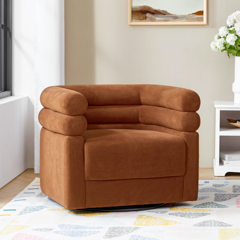 Rakin Modern Boucle Swivel Barrel Chair with One Accent Pillow, Rust Polyester