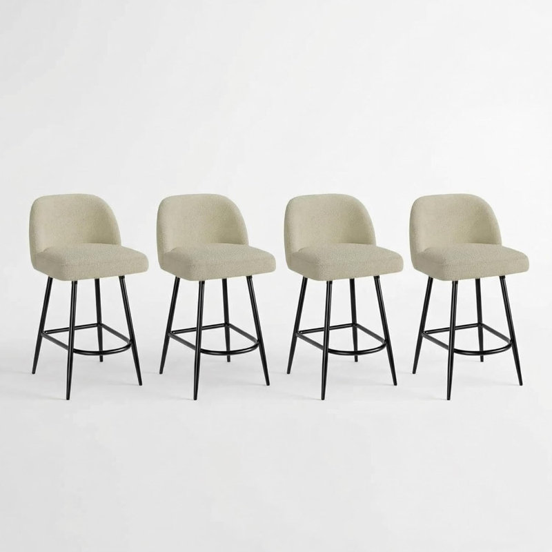 Set of 4 26" Bar Stools, Faux Sherpa, Backrest, Metal Legs, Kitchen Island, Beige, White, 4
