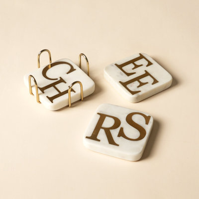 Marble Coaster Set with Brass Letter Inlay and Metal Stand, 3-Piece Drink Coasters, 4 x 4 x 3 in