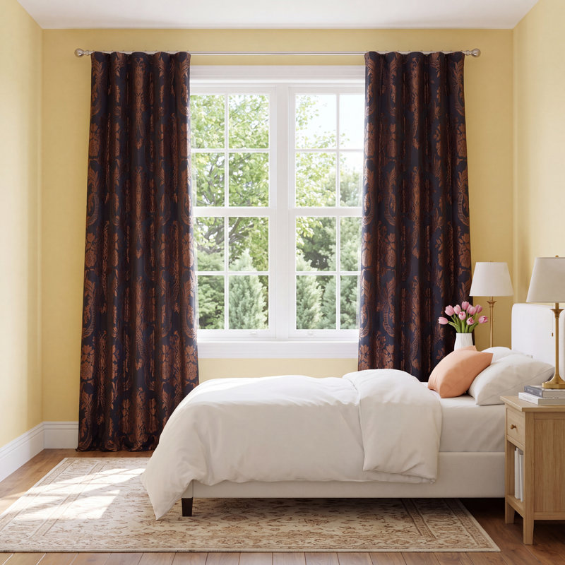 Ballsallagh Floral Faux Silk Room Darkening Curtain Panel, 50" W x 96" L, Astoria Black/Pewter
