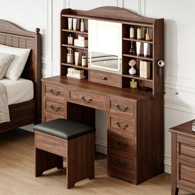Vanity Desk with Power Outlet, Chair, Mirror, 10 Drawers and 8 Storage Shelves for Bedroom