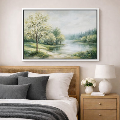 Light Green Meadow Landscape Artwork, Serene Nature View Living Room Pictures, Framed Canvas Giclee Print Wall Art
