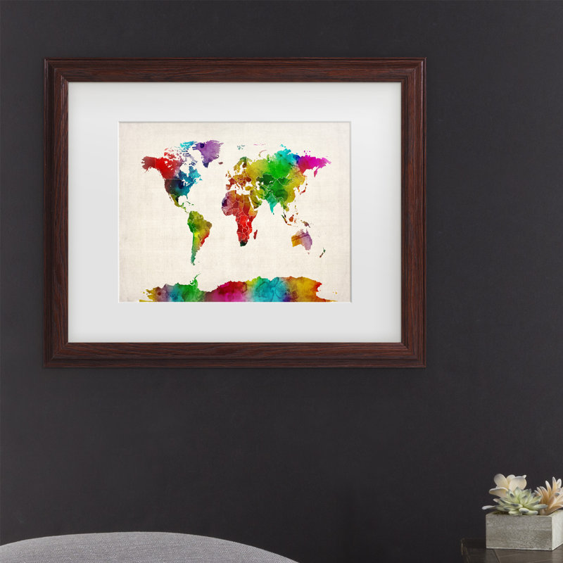 « world map ii », reproduction de peinture à l’aquarelle sur toile, H 16 po x l 20 po x P 0,5 po, Cadre brun