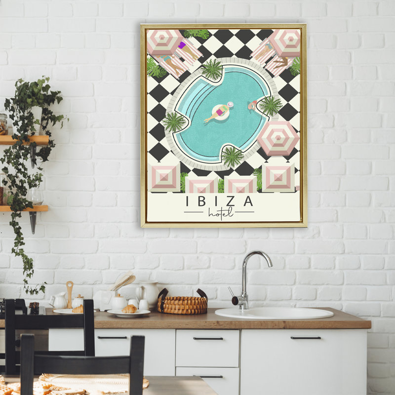 Ibiza Hotel Pool Floating Frame, design by Jen bucheli, 31" H x 25" W, Metallic Gold Floater Frame