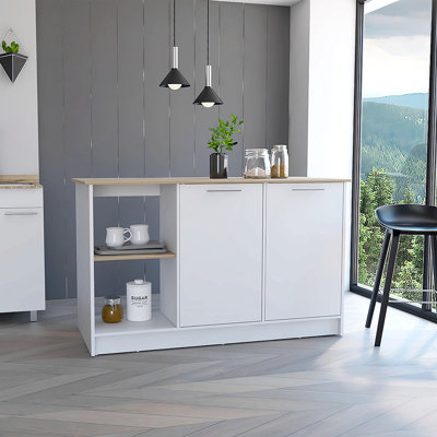 Îlot de cuisine Juniper avec grande surface supérieure, armoire à deux portes et tablettes ouvertes