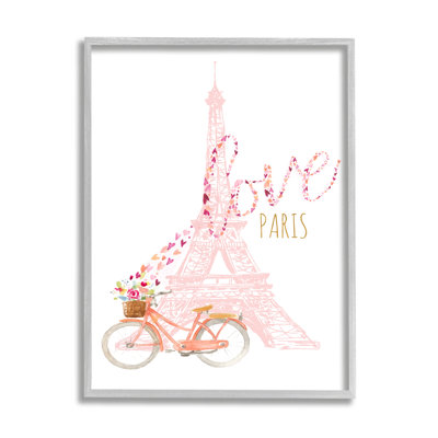 «Love Paris», tour de l'Eifel rose, fleur, bicyclette, cœurs, toile tendue XXL par Lanie Loreth
