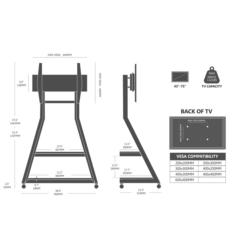 Viggo Floor TV Stand for 43 to 75 Inch TV, Black