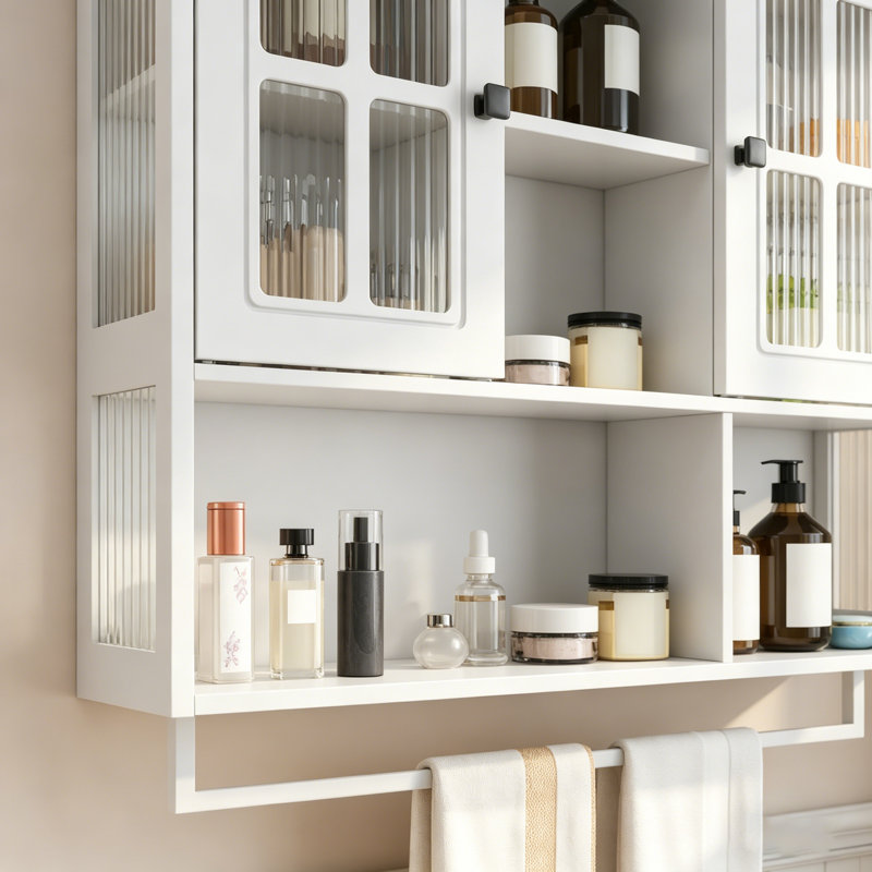 3-Door Wooden Wall Bathroom Cabinet with Open and Hidden Storage Space, White