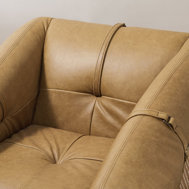 Rod 33.5'' W Tufted Full-Grain Leather Accent Leisure Lounge Armchair with Ash Wood Base, Khaki Full-Grain Leather