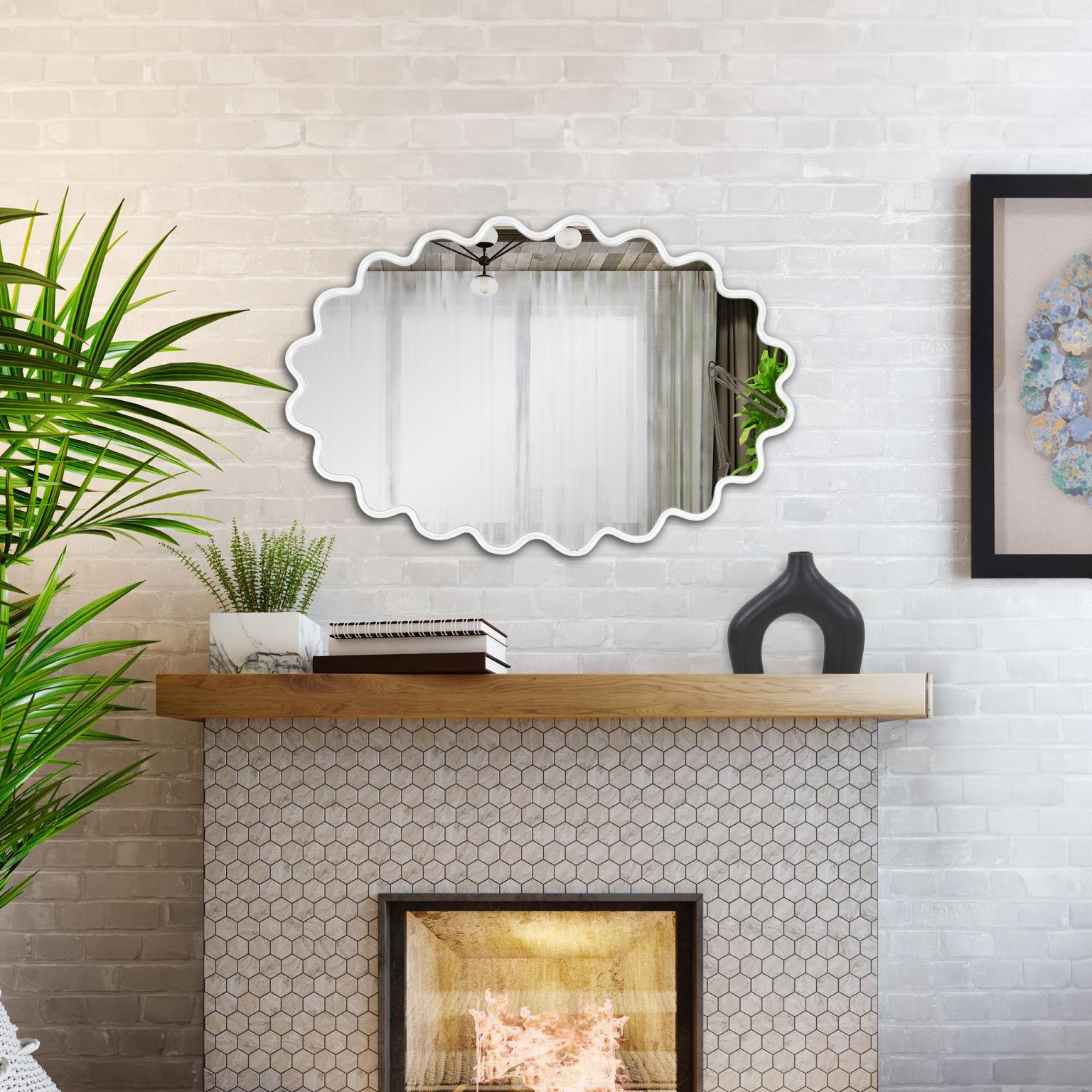 Modern Wavy Framed Oval Wall Mirror, White