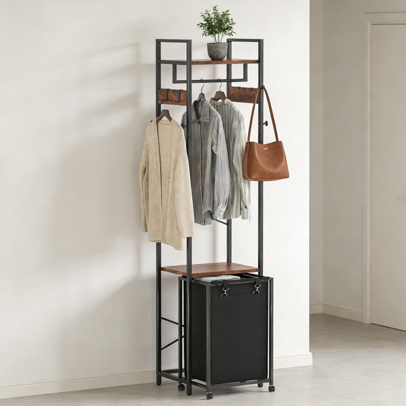 Portemanteau multifonctionnel avec panier à linge et tablettes de rangement, organisateur de portemanteau autoportant avec sacs amovibles sur roulettes et tringles de suspension