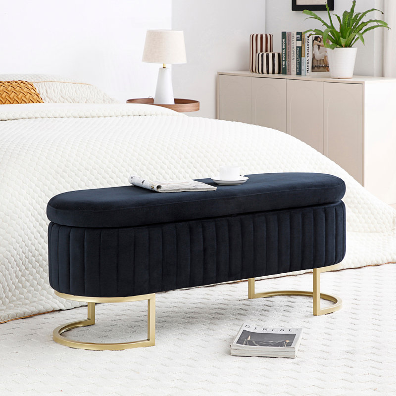 Banc de rangement, banc de chambre à coucher, banc de bout ovale rembourré, Noir