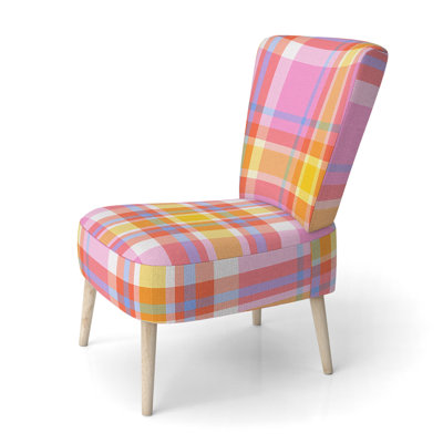Chaise d'appoint décorative à motif tartan en velours jaune et rose