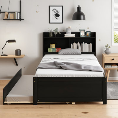 Twin Wooden Bed with Trundle and Shelves