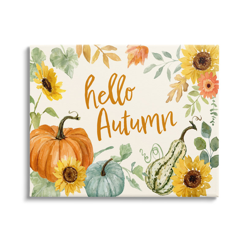 «Hello Autumn Orange Calligraphy Fall Plants Border Black», estampe numérique encadrée de Victoria Barnes, Toile tendue