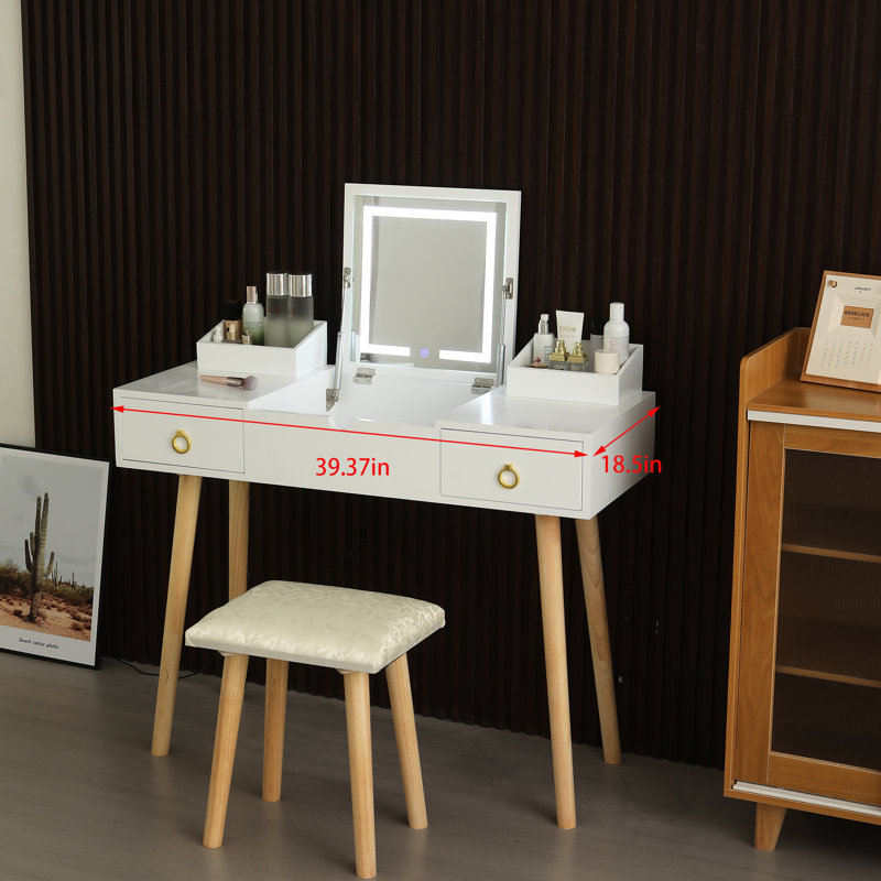 Bureau et miroir de coiffeuse doré et blanc avec DEL - 3 modes, tiroirs et armoire de rangement, pour la salle de bain de la chambre à coucher, stable, excellent maquillage éclairé or + blanc, miroir modes, armoire, organisateur des essentiels de beauté,