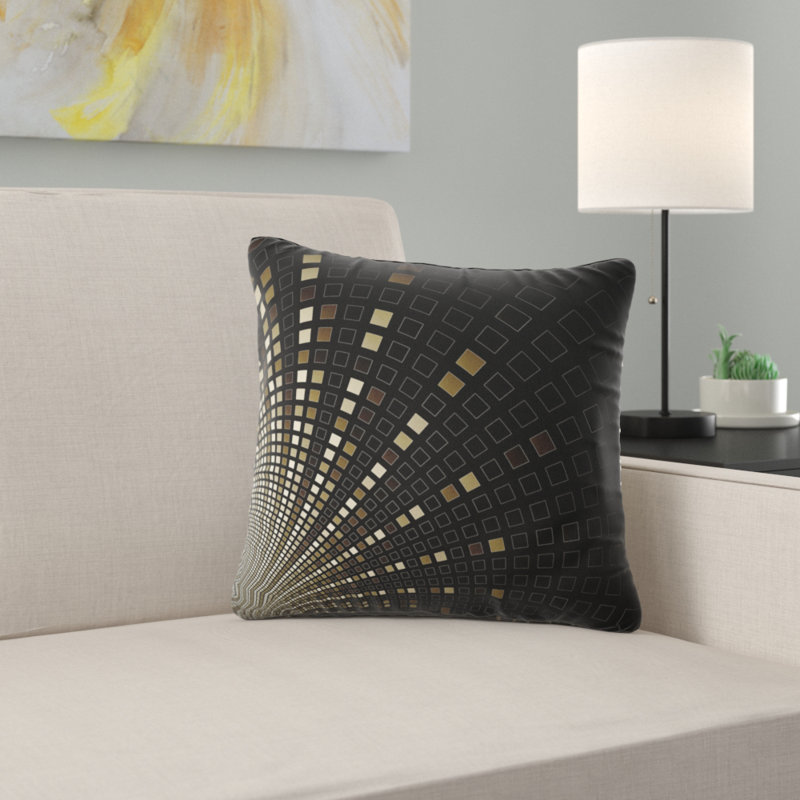 Carré de mosaïque de carrés dorés sur fond noir - imprimé abstrait, 16 po x 1 po, Coussin décoratif