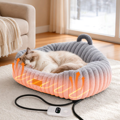 Smart Heated Cat Beds for Indoor Cats and Small Dogs, Pet Bed with Sensor Heating Timer & Temp Adjustable, Chew-proof Water-resistant Cord and Anti-slip Bottom for Indoor Heated Cat House, S