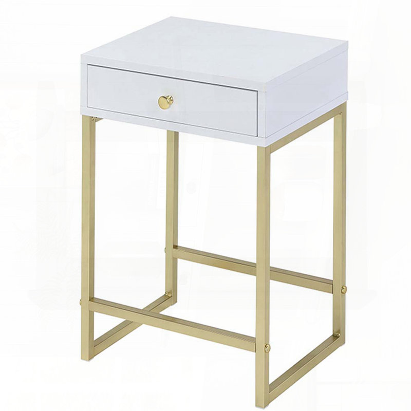 White and Brass 1-Drawer Side Table – Sleek Rectangular Design