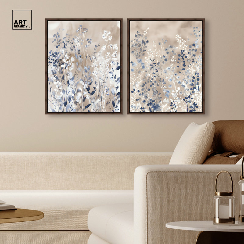 Ensemble de décorations murales bleues gracieuses à imprimé acrylique par Art Remedy, cadre blanc, 20 x 24, H 25 po x l 21 po