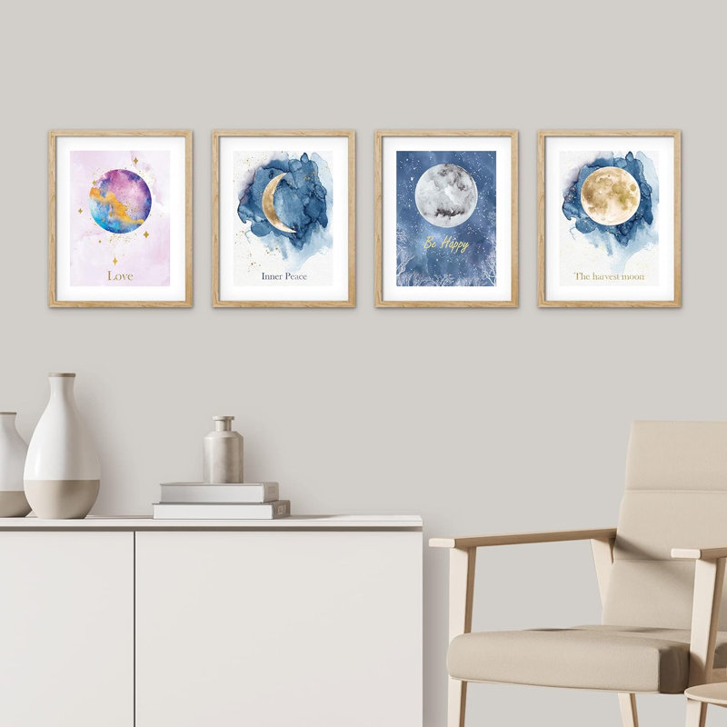 Aquarelle, pastel, lune, étoiles, astronomie, collage, ensemble de 4 mots, art mural, impressions encadrées encadrées sur papier, impression de 4 pièces
