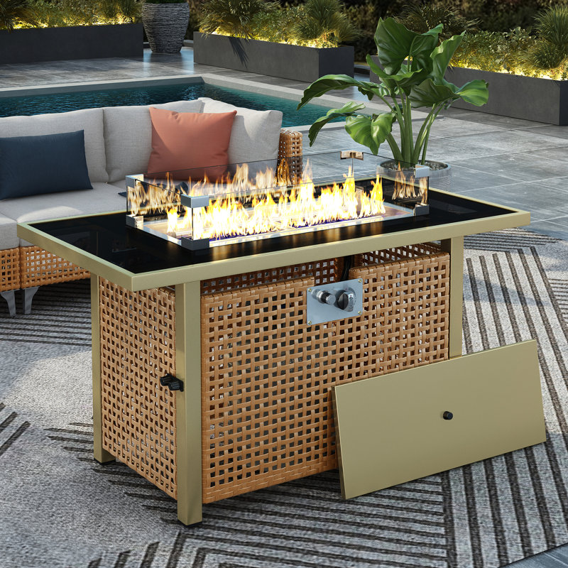 43" Rectangular Patio Fire Table, 60000 Propane, Open Weave , Glass Wind Guard For Outdoor Deck Garden Backyard - Orange & Mustard Yellow Propane Pit Table With Blue Stones,