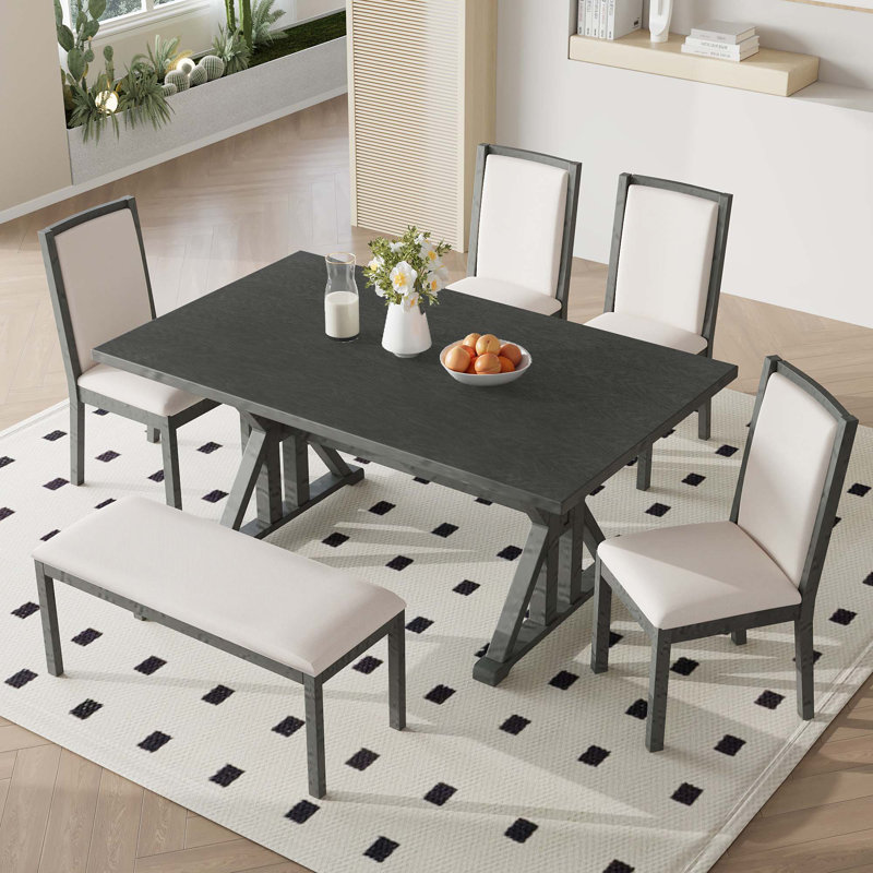 Table de salle à manger 6 pièces avec 4 chaises rembourrées et banc Farmhouse Classical, Gris