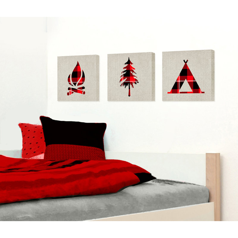 « en toile jute camping buffalo écossais », ensemble de 3 reproductions d’art sur bois