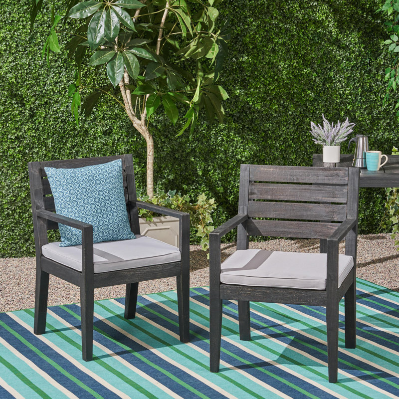  Outdoor Acacia Wood Dining Chairs Set of 2 with Slatted Back and Light Grey Cushions, Dark Grey, Gray