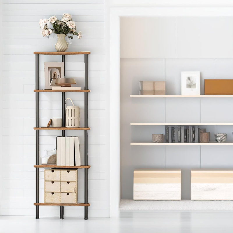 Rustic Wooden 5 Tier Bookcase Corner Bookshelf 115cm Shelving Unit Storage Shelves Freestanding