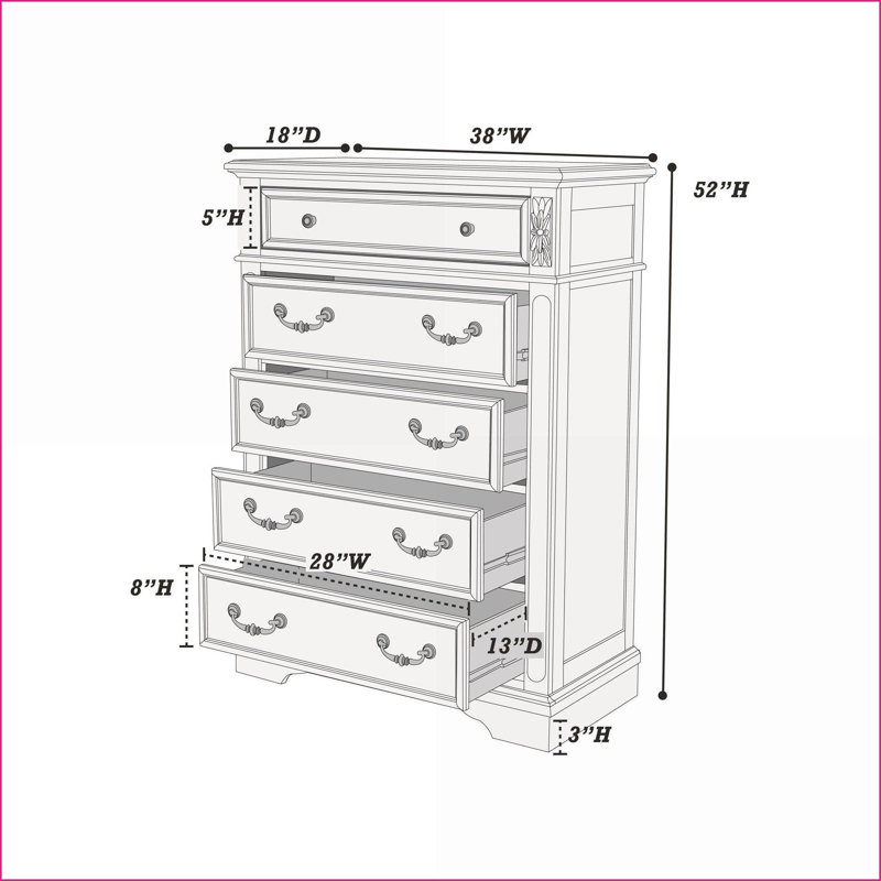 Commode à 5 tiroirs avec commode blanche antique Plateau en noyer | Blanc antique | Panneau de particules + panneau de fibres à densité moyenne, contreplaqué
