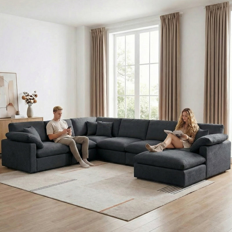 144" Chenille Sectional Corner Sofa 7 Pieces Oversized Comfy Modular Reversible Couch With Upholstered Movable Ottoman