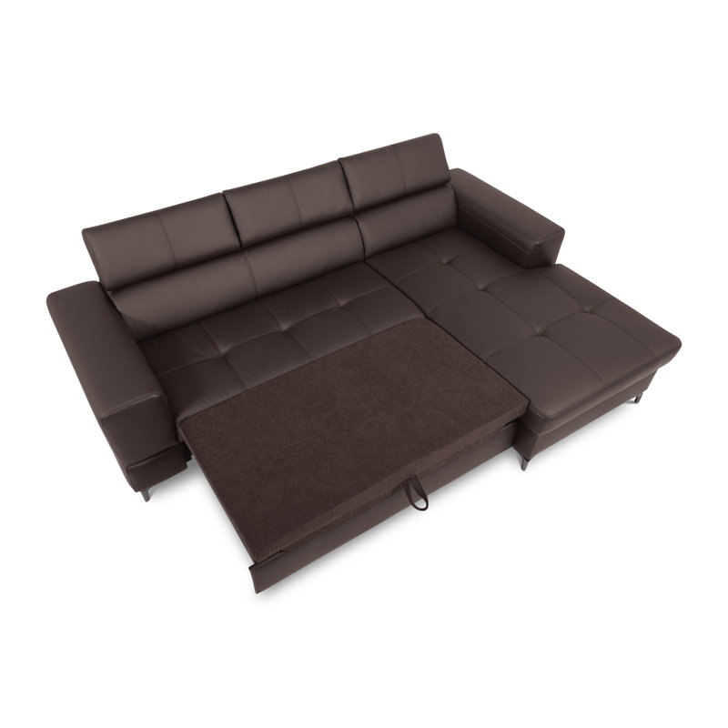 Tinos Genuine Leather Corner Sofa with Pull Out Bed with Storage and Adjustable Headrests, Right Hand Facing, Brown