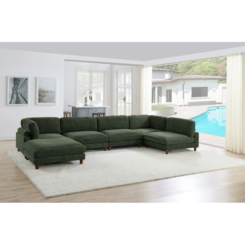 Canapé modulaire à large assise en velours côtelé, Velours côtelé vert foncé, H 34 po x l 178 po x P 89 po
