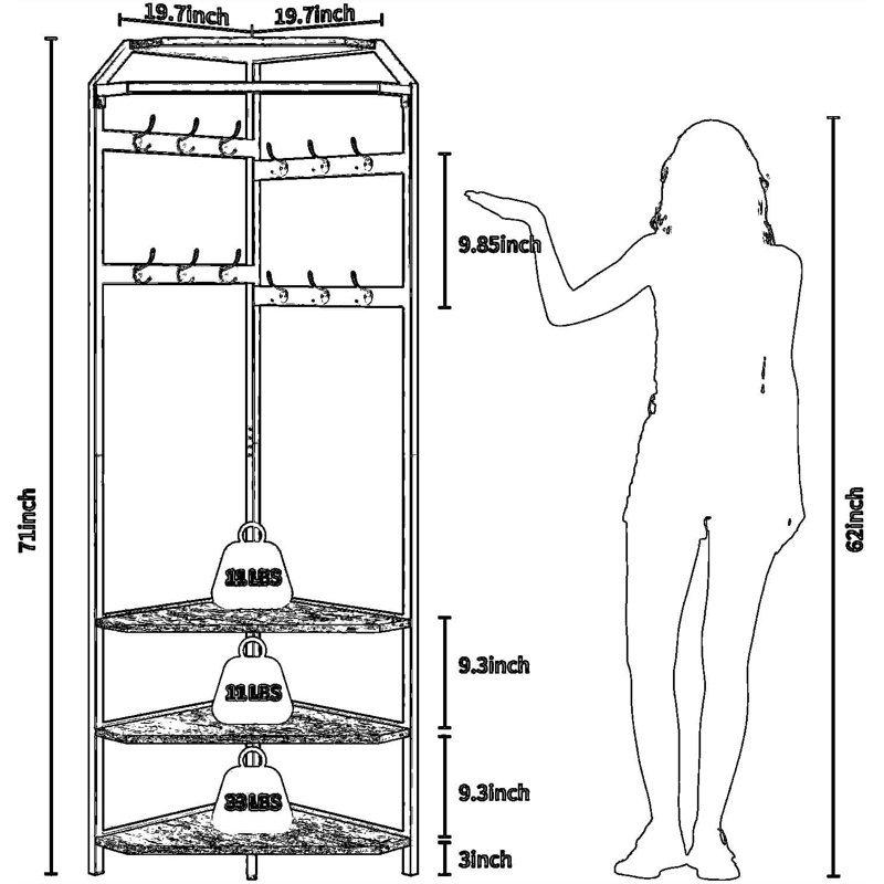 Portemanteau d'angle avec banc à chaussures et étagère de rangement, 6 organisateurs d'arbre de couloir à double crochet pour le vestibule, le couloir et le garde-robe
