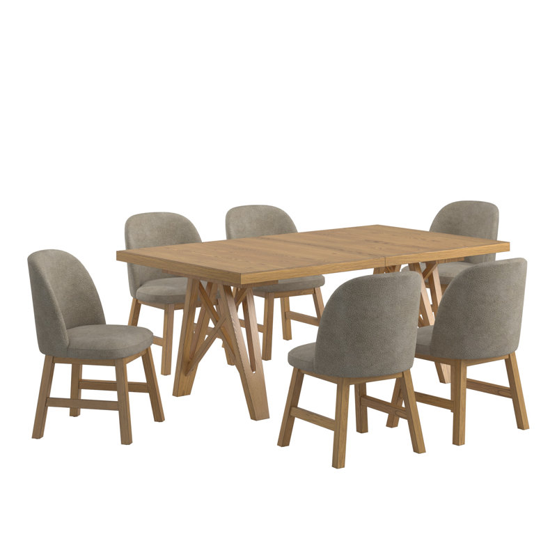 Cipolla 72"-90" Wood Finish Extendable Dining Set - Dining Table With Leaf And Taupe Fabric Curved Back Chairs, Oak Wood