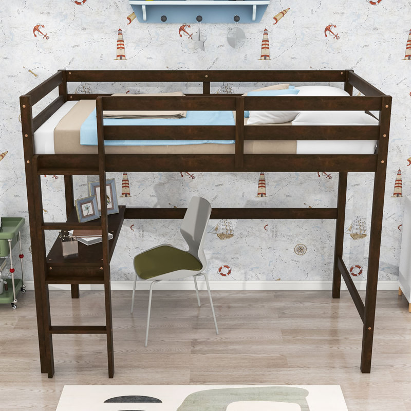 Twin Wood Loft Bed With Built-In Desk, Guardrail And Ladder, Espresso