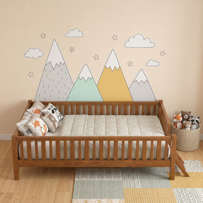 Twin Size Wood Low Loft Bed with Ladder and Guardrails, Walnut